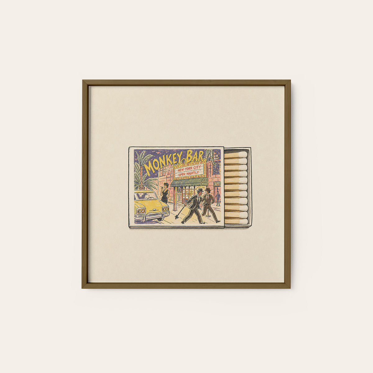 Monkey Bar New York Matchbox square art print — dark wood frame