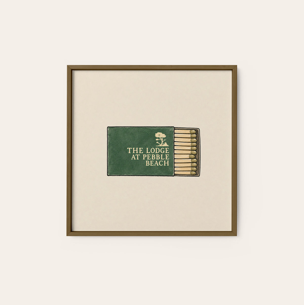 Pebble Beach Green Matchbox square art print — dark wood frame