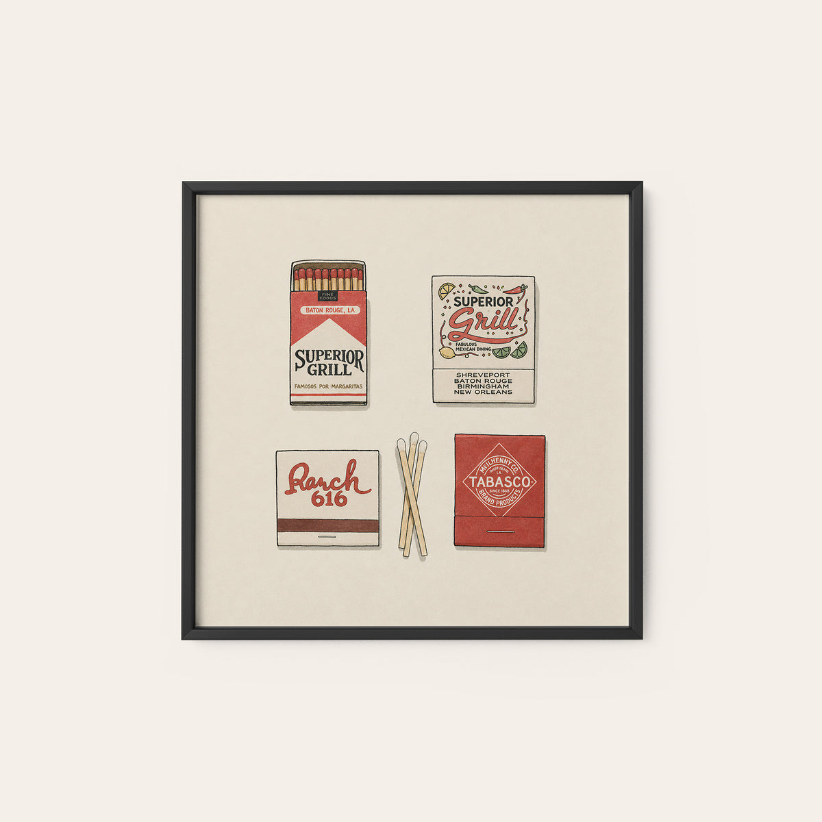 Southern Restaurant Matchboxes square art print — black frame