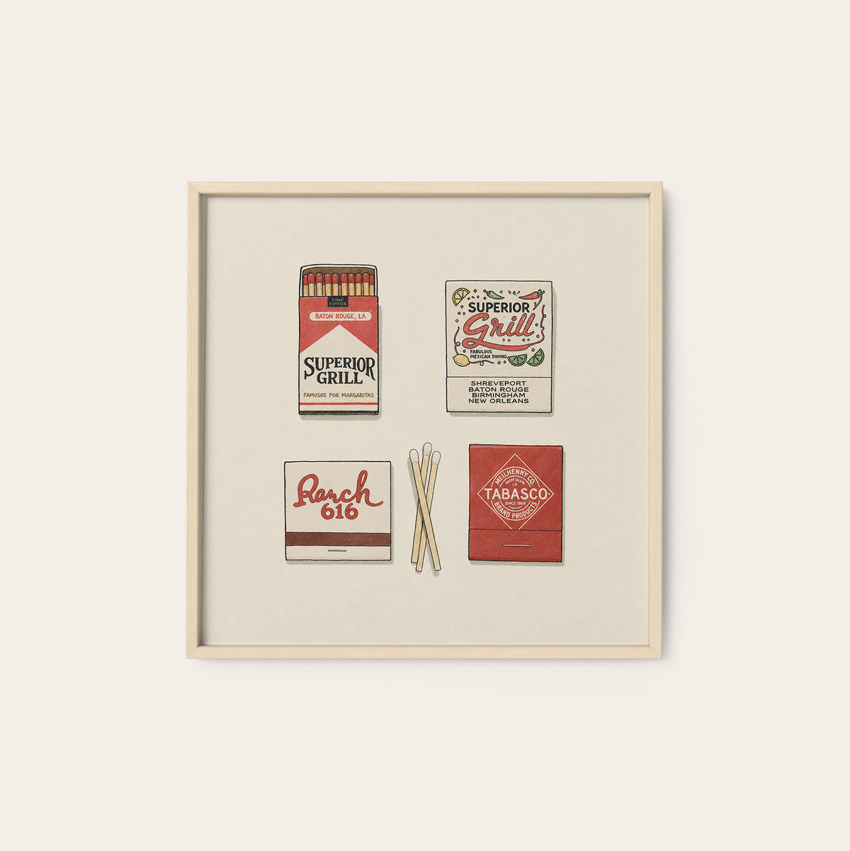 Southern Restaurant Matchboxes square art print — natural wood frame