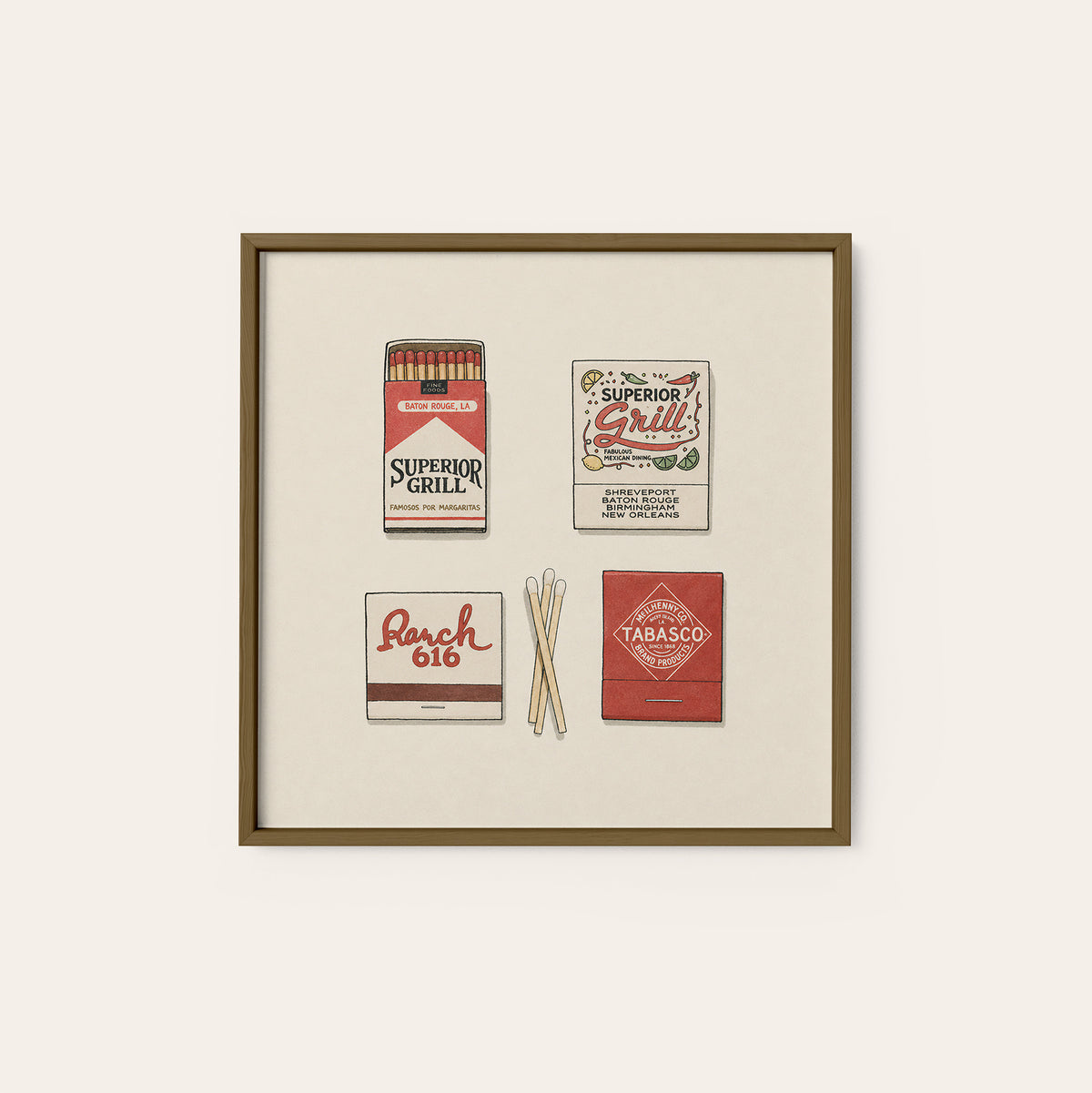 Southern Restaurant Matchboxes square art print — dark wood frame