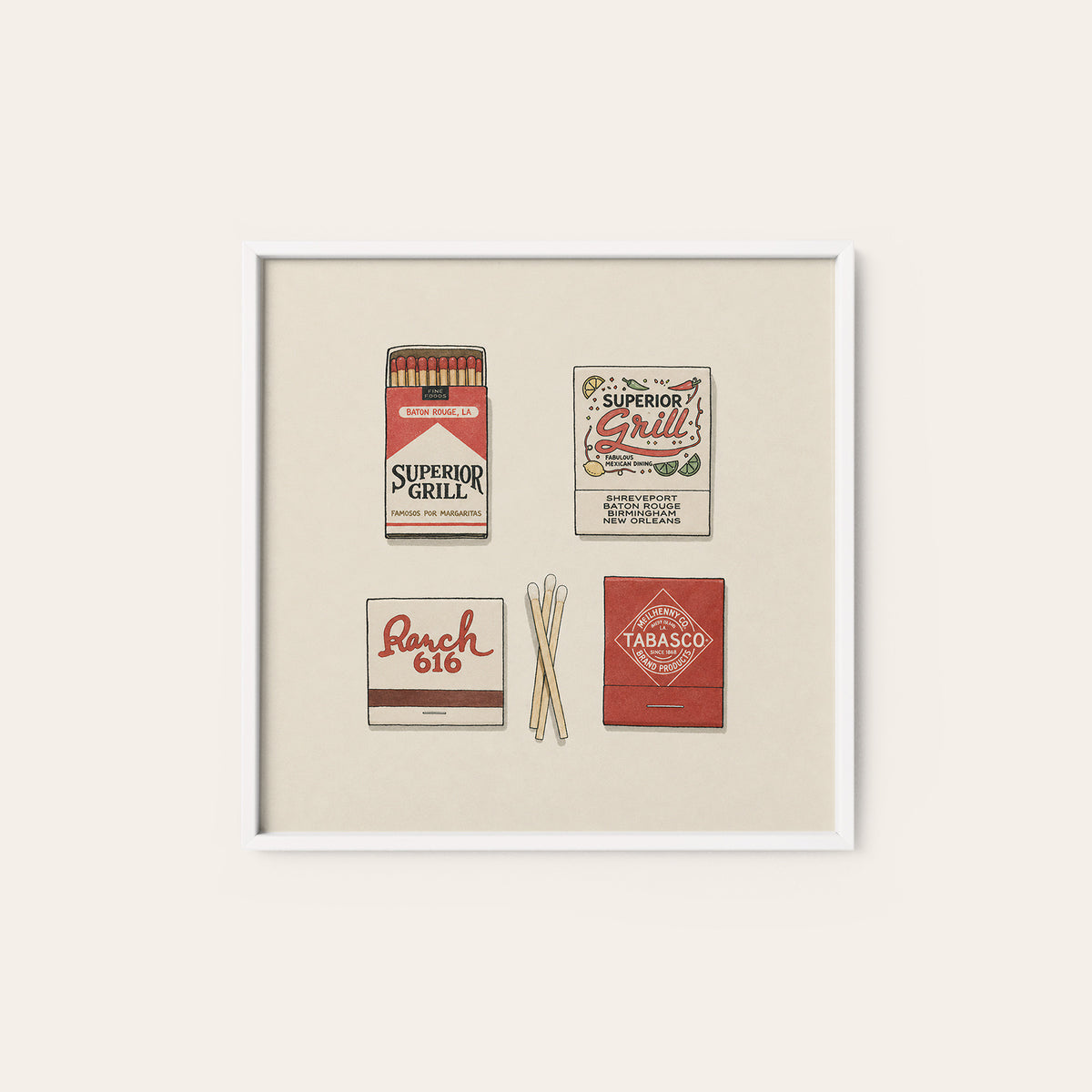 Southern Restaurant Matchboxes square art print — white frame