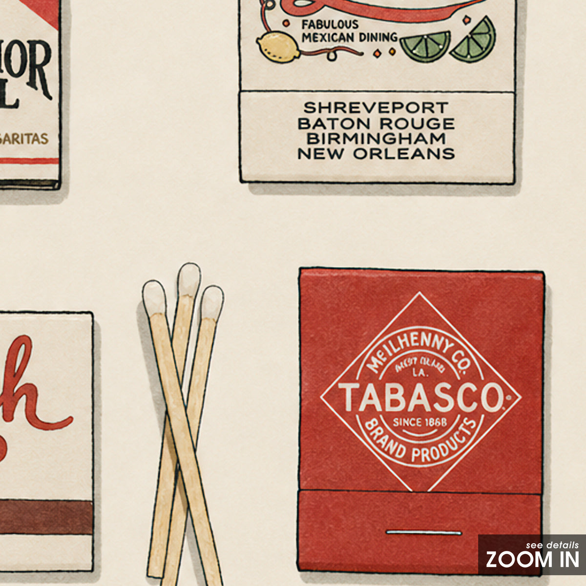 Southern Restaurant Matchboxes square art print — artwork detail
