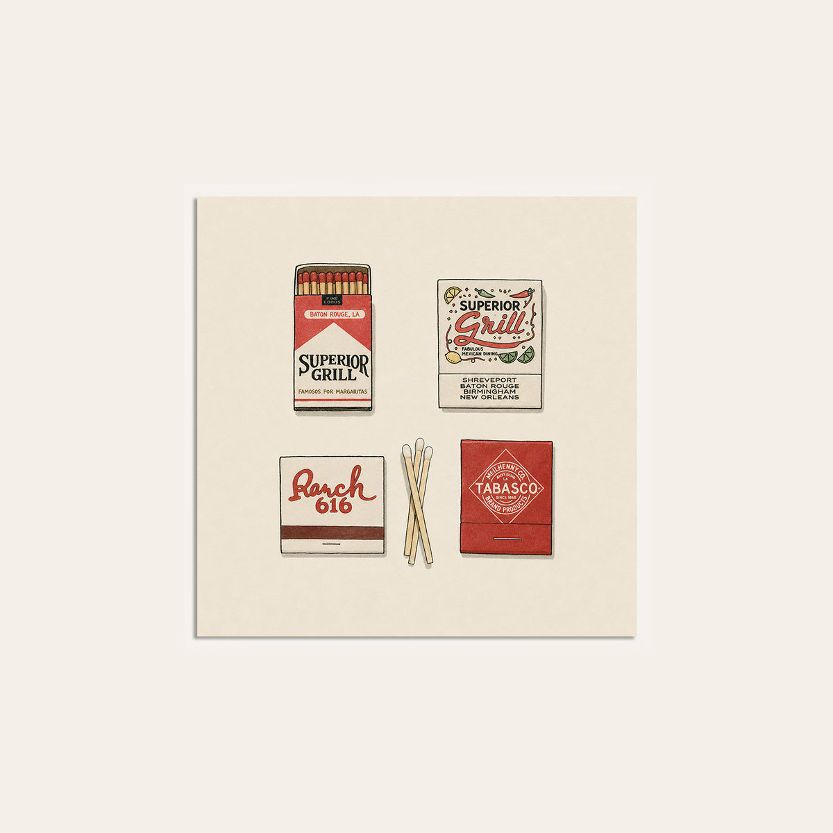 Southern Restaurant Matchboxes square art print — unframed print