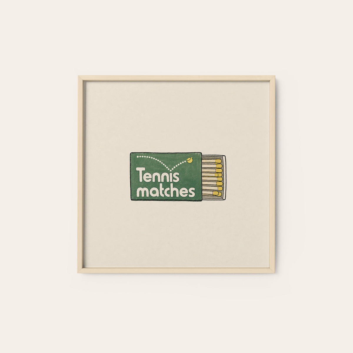 Tennis Matches Matchbox square art print — natural wood frame