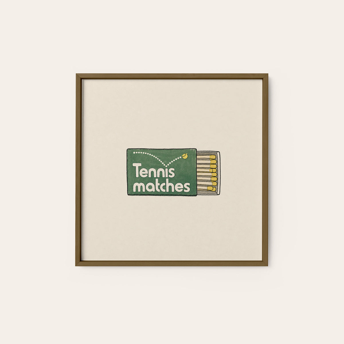 Tennis Matches Matchbox square art print — dark wood frame