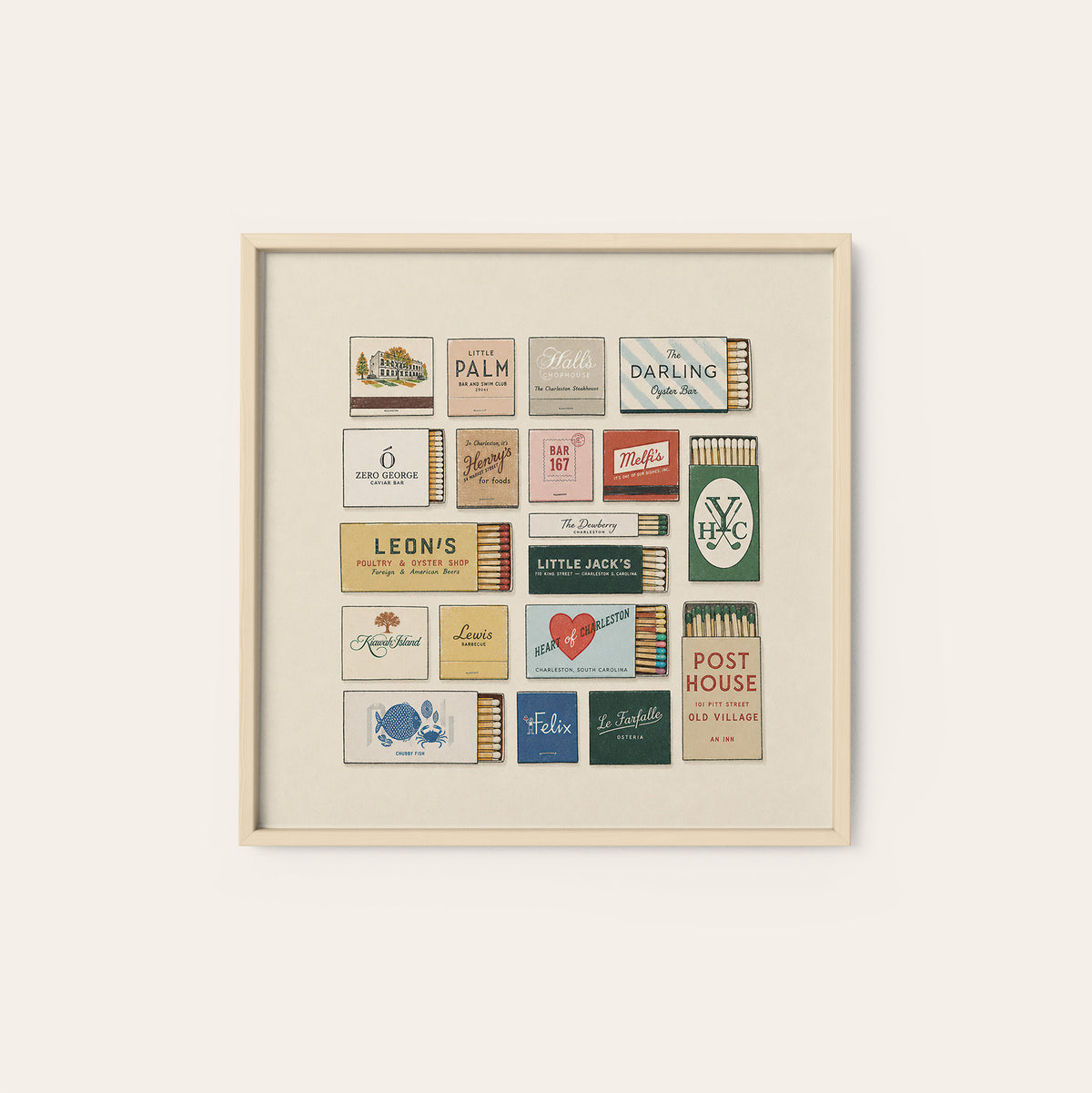 Charleston Restaurant Matchbox Grid square art print — natural wood frame