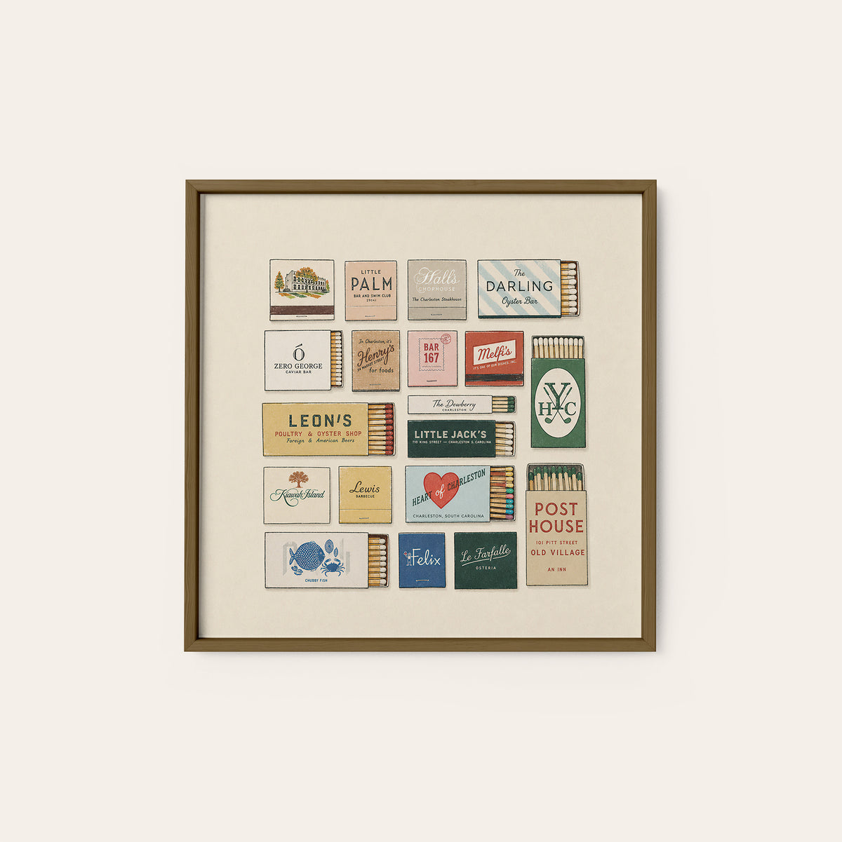 Charleston Restaurant Matchbox Grid square art print — dark wood frame