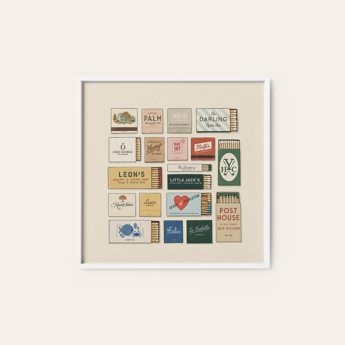 Charleston Restaurant Matchbox Grid square art print — white frame