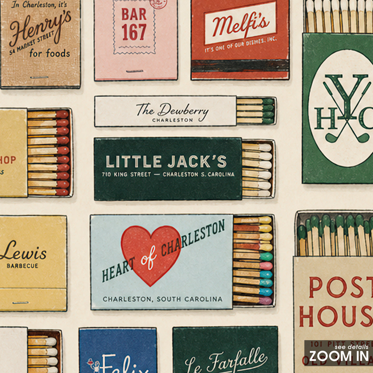 Charleston Restaurant Matchbox Grid square art print — artwork detail