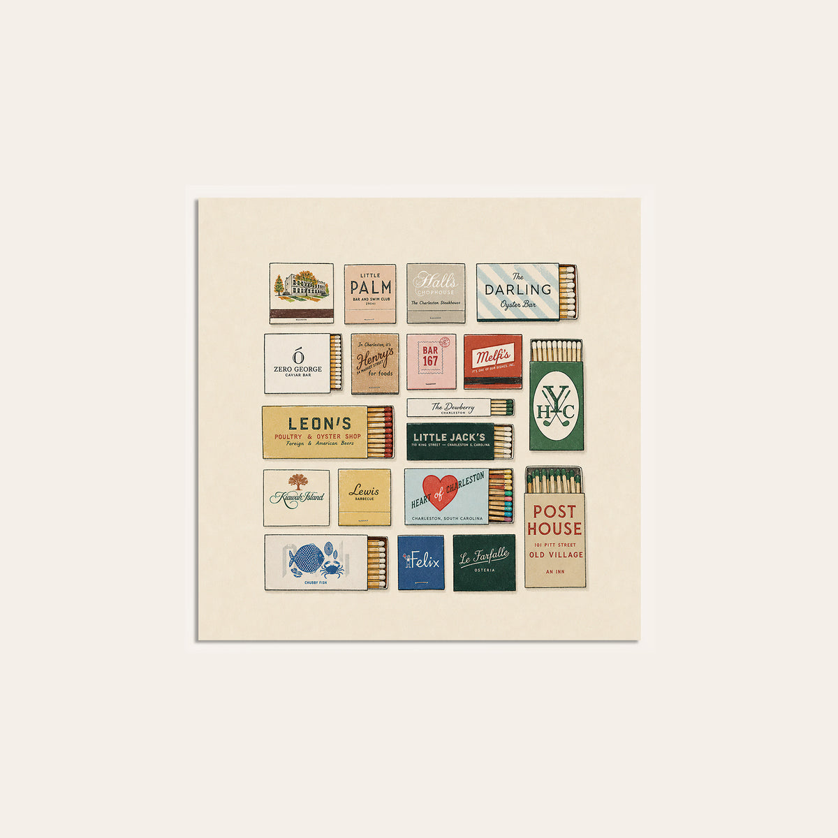 Charleston Restaurant Matchbox Grid square art print — unframed print