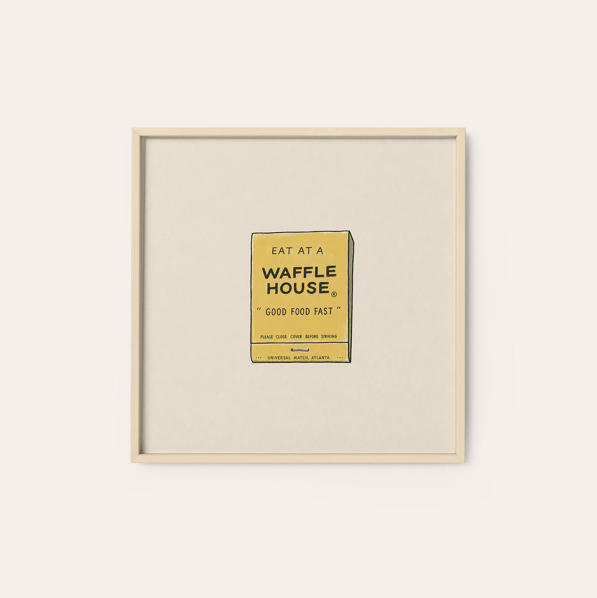 Waffle House Matchbook square art print — natural wood frame