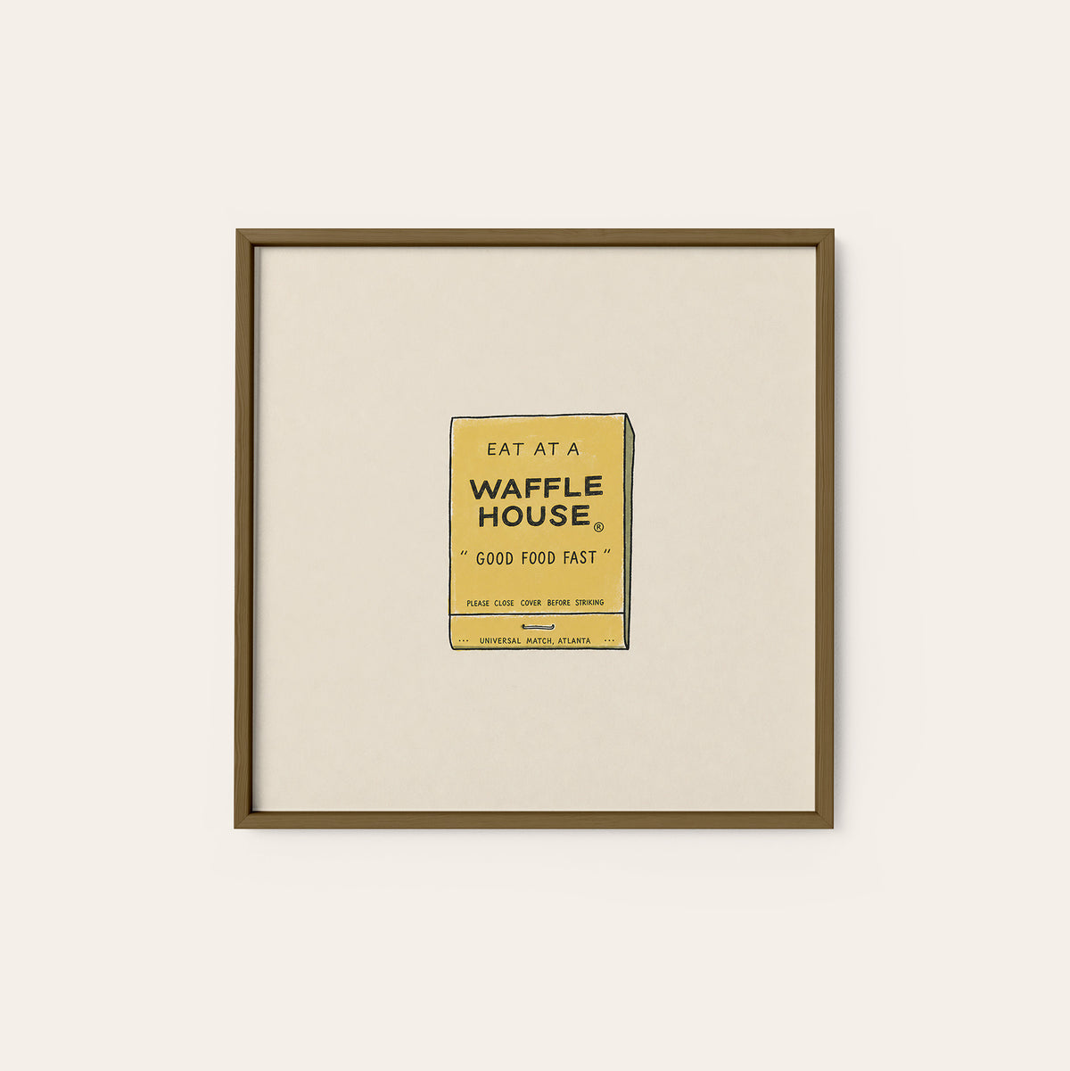 Waffle House Matchbook square art print — dark wood frame