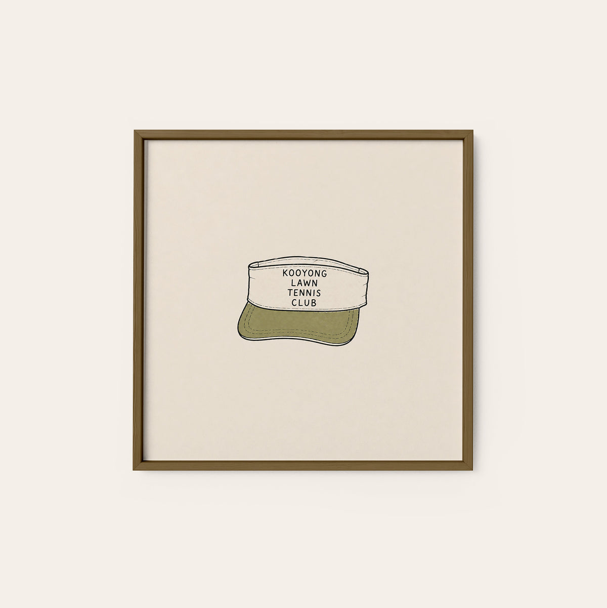 Kooyong Tennis Visor square art print — dark wood frame