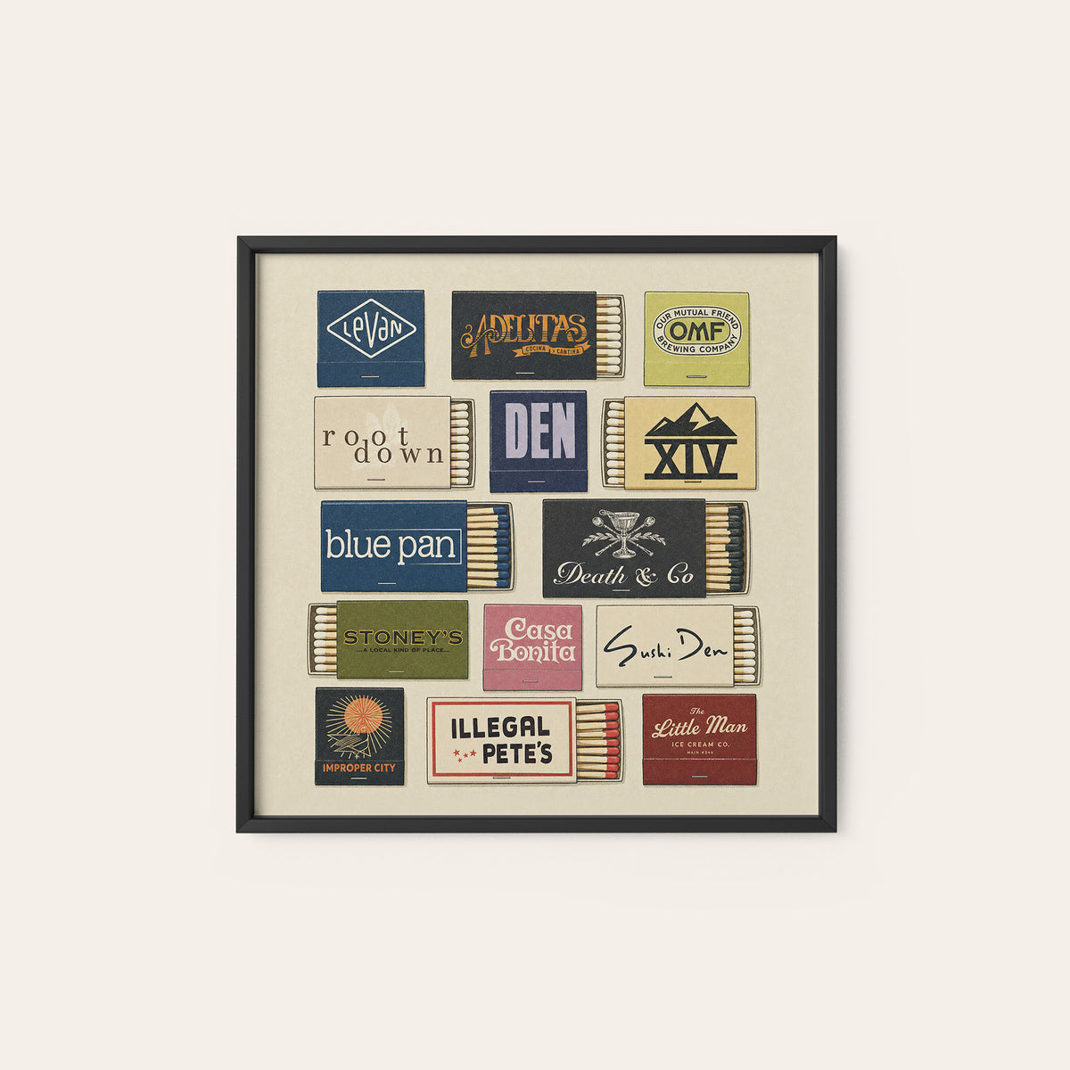 Denver Restaurant Matchbox Grid square art print — black frame