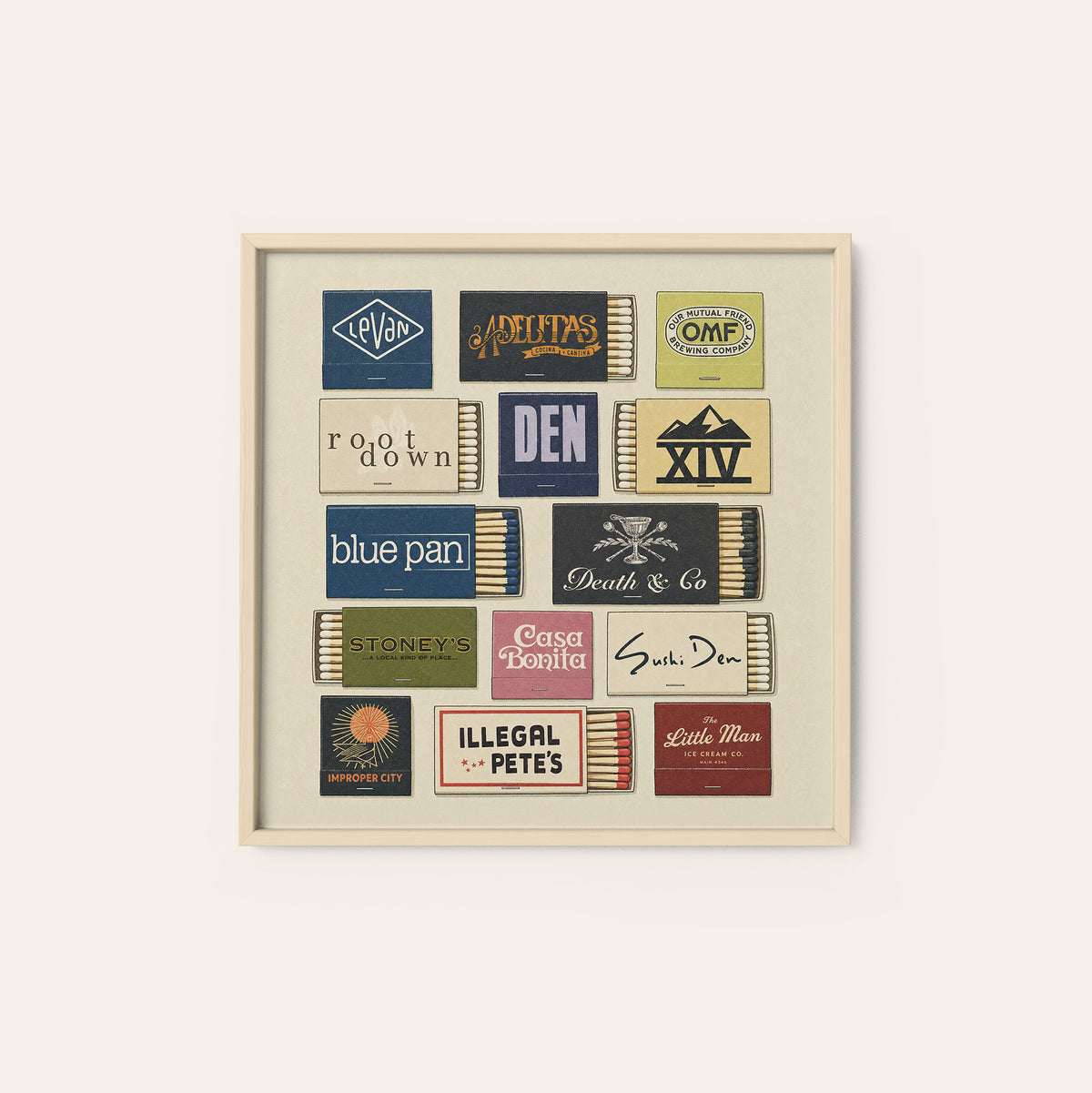 Denver Restaurant Matchbox Grid square art print — natural wood frame