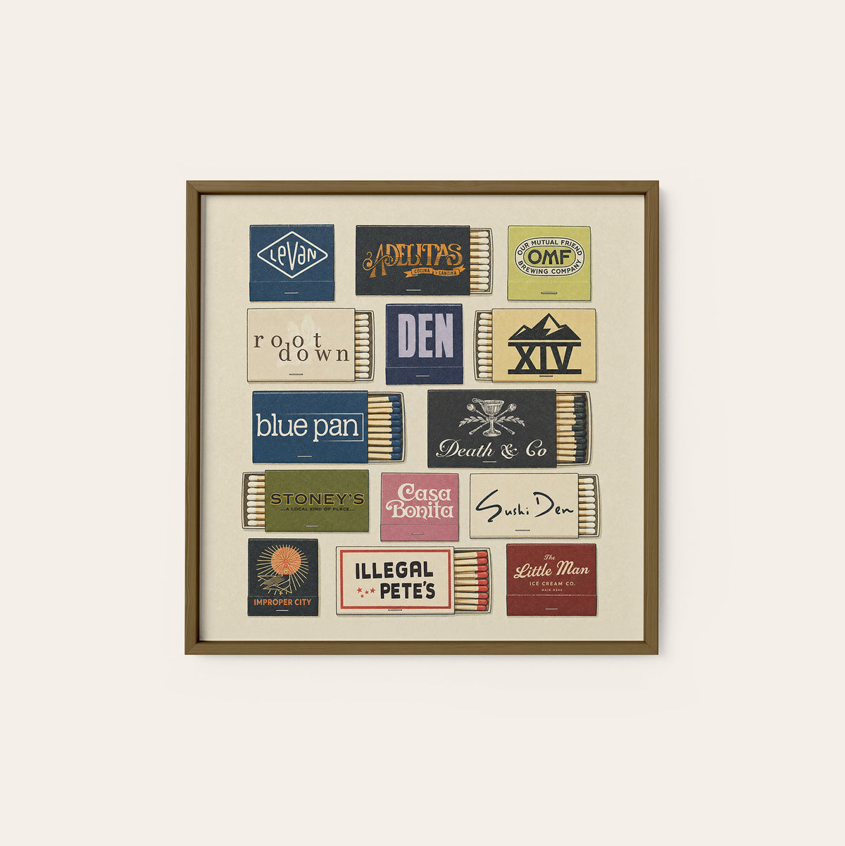 Denver Restaurant Matchbox Grid square art print — dark wood frame