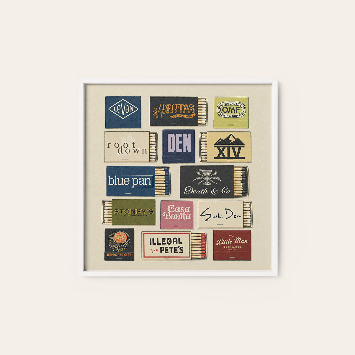 Denver Restaurant Matchbox Grid square art print — white frame