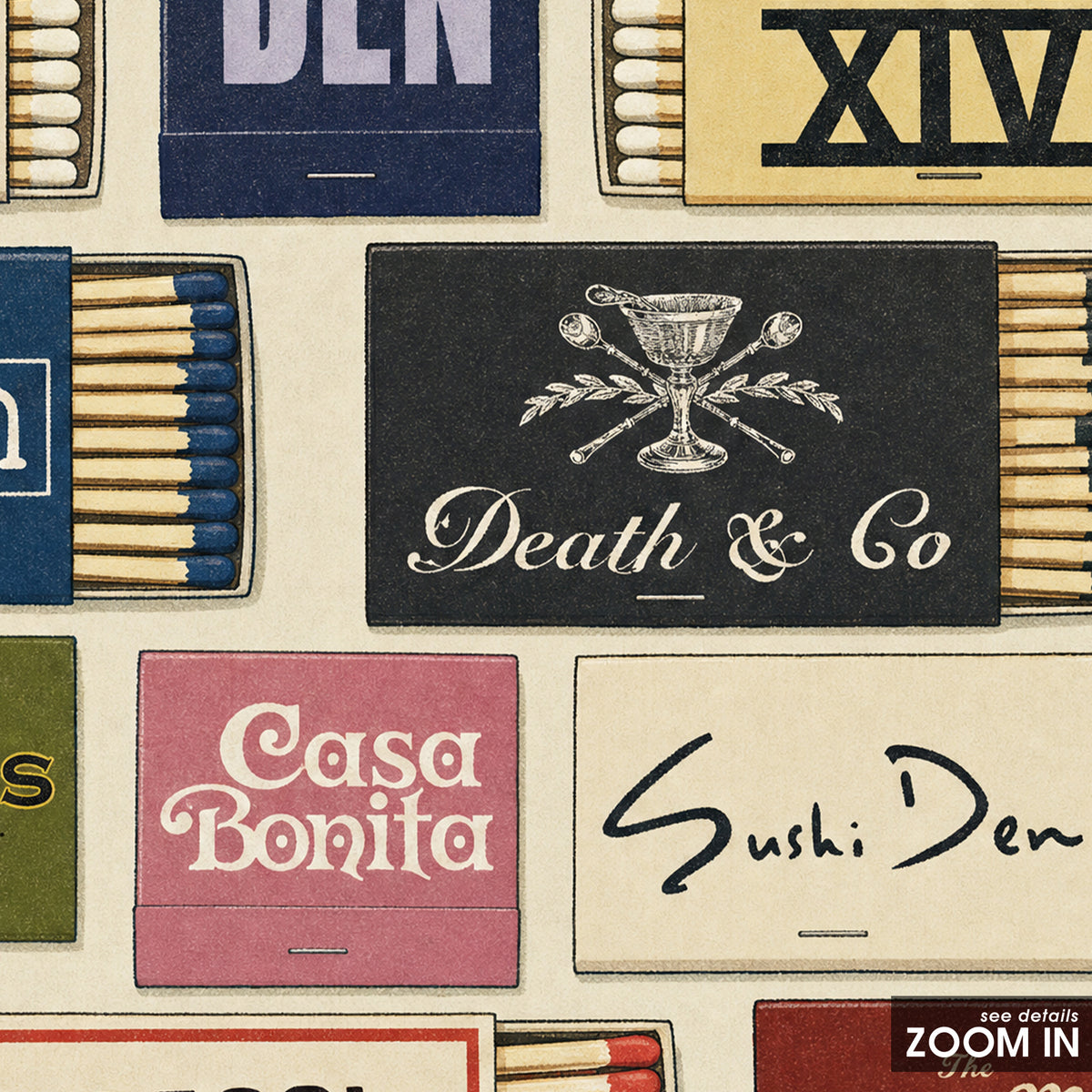 Denver Restaurant Matchbox Grid square art print — artwork detail
