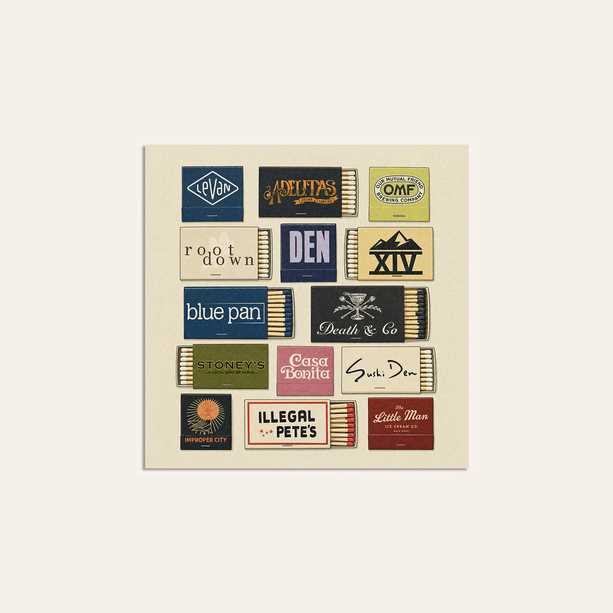 Denver Restaurant Matchbox Grid square art print — unframed print