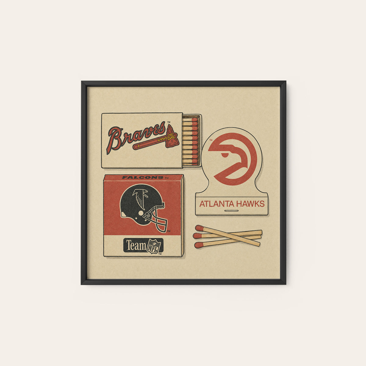 Atlanta Sports Matchboxes square art print — black frame