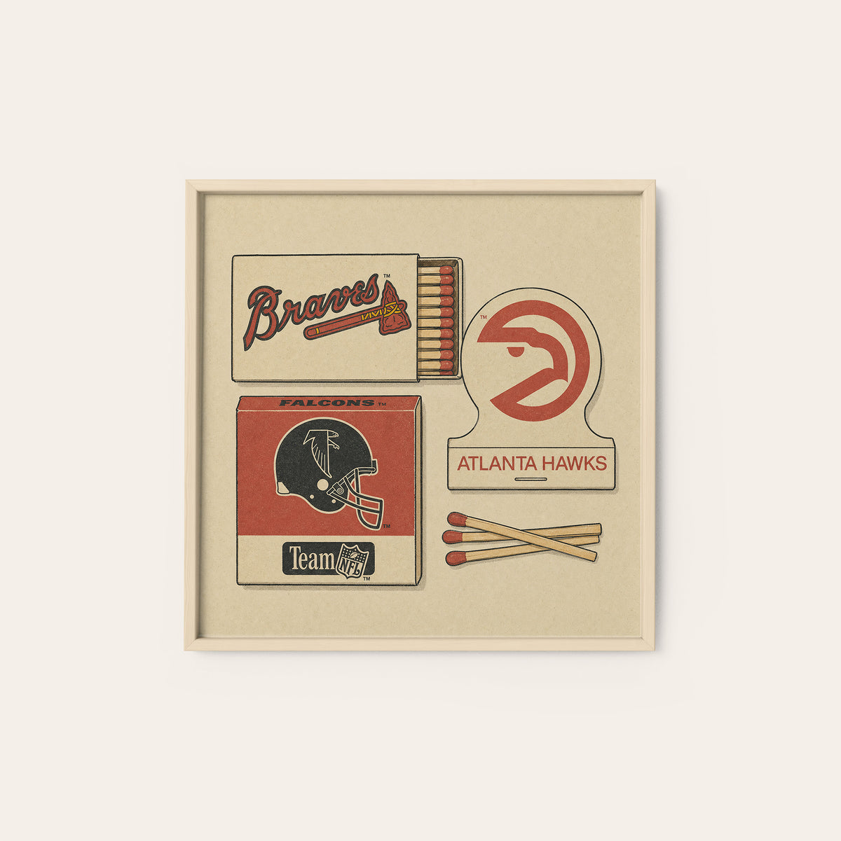 Atlanta Sports Matchboxes square art print — natural wood frame