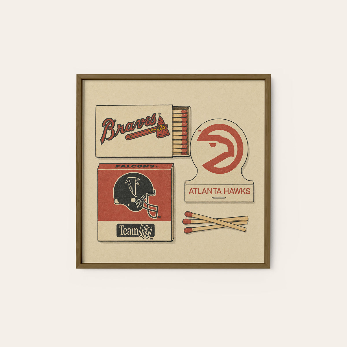 Atlanta Sports Matchboxes square art print — dark wood frame