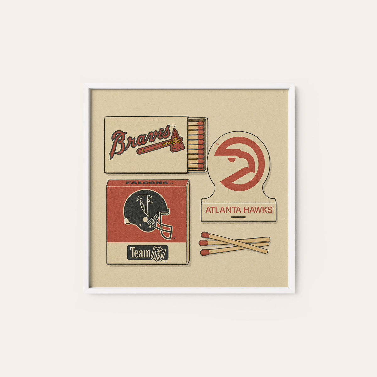 Atlanta Sports Matchboxes square art print — white frame