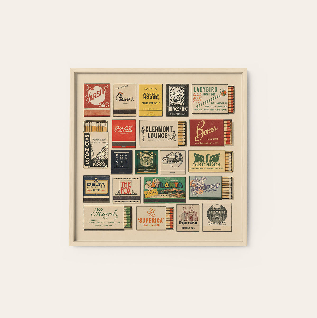 Atlanta Matchbox Gallery square art print — natural wood frame