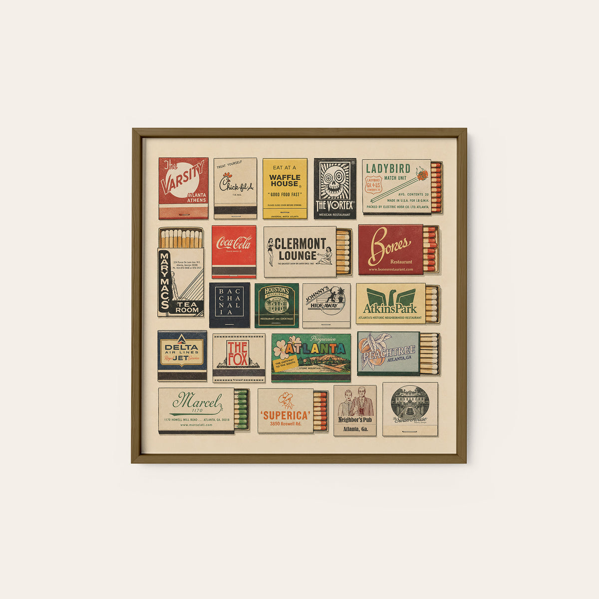 Atlanta Matchbox Gallery square art print — dark wood frame