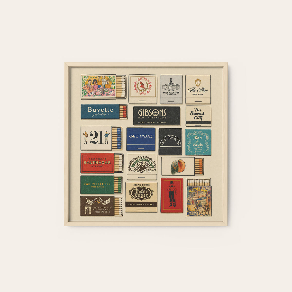 New York Inspired Matchbox Gallery square art print — natural wood frame