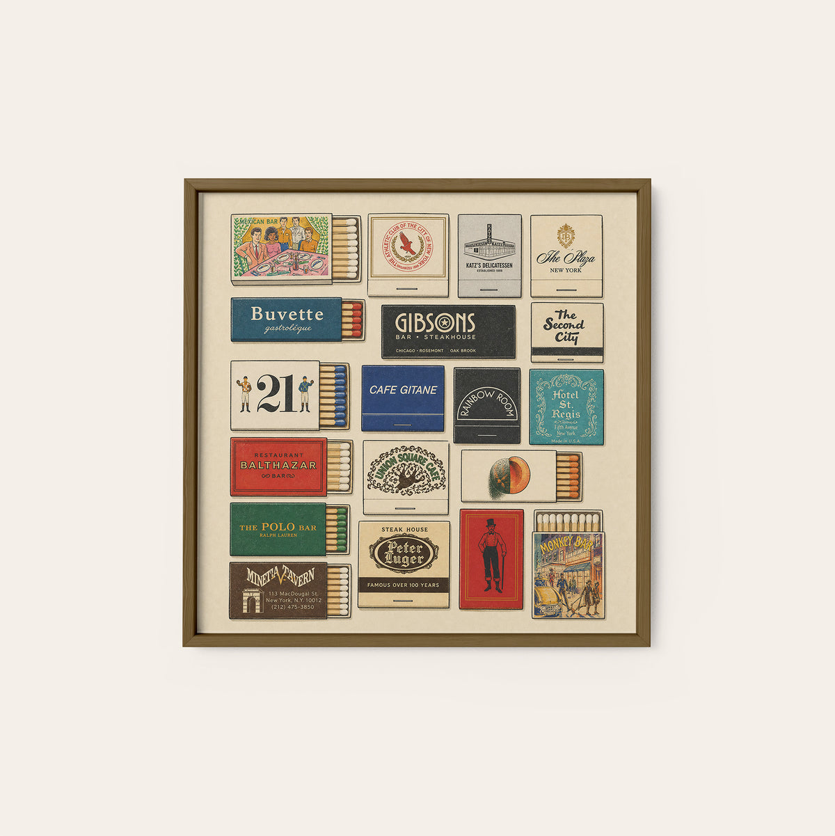 New York Inspired Matchbox Gallery square art print — dark wood frame