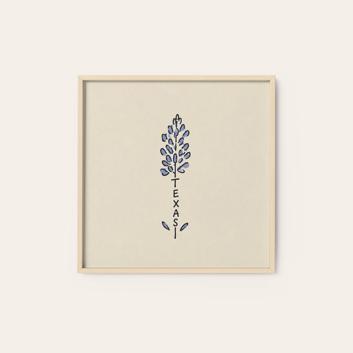 Texas Bluebonnet square art print — natural wood frame