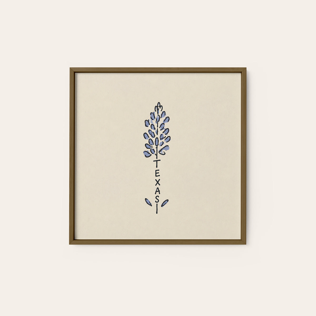 Texas Bluebonnet square art print — dark wood frame