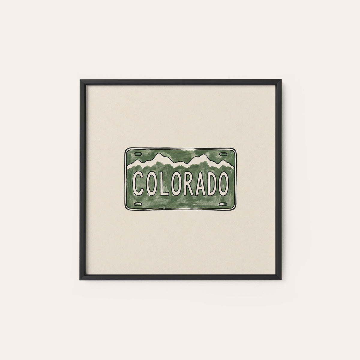Colorado Mountain License Plate square art print — black frame