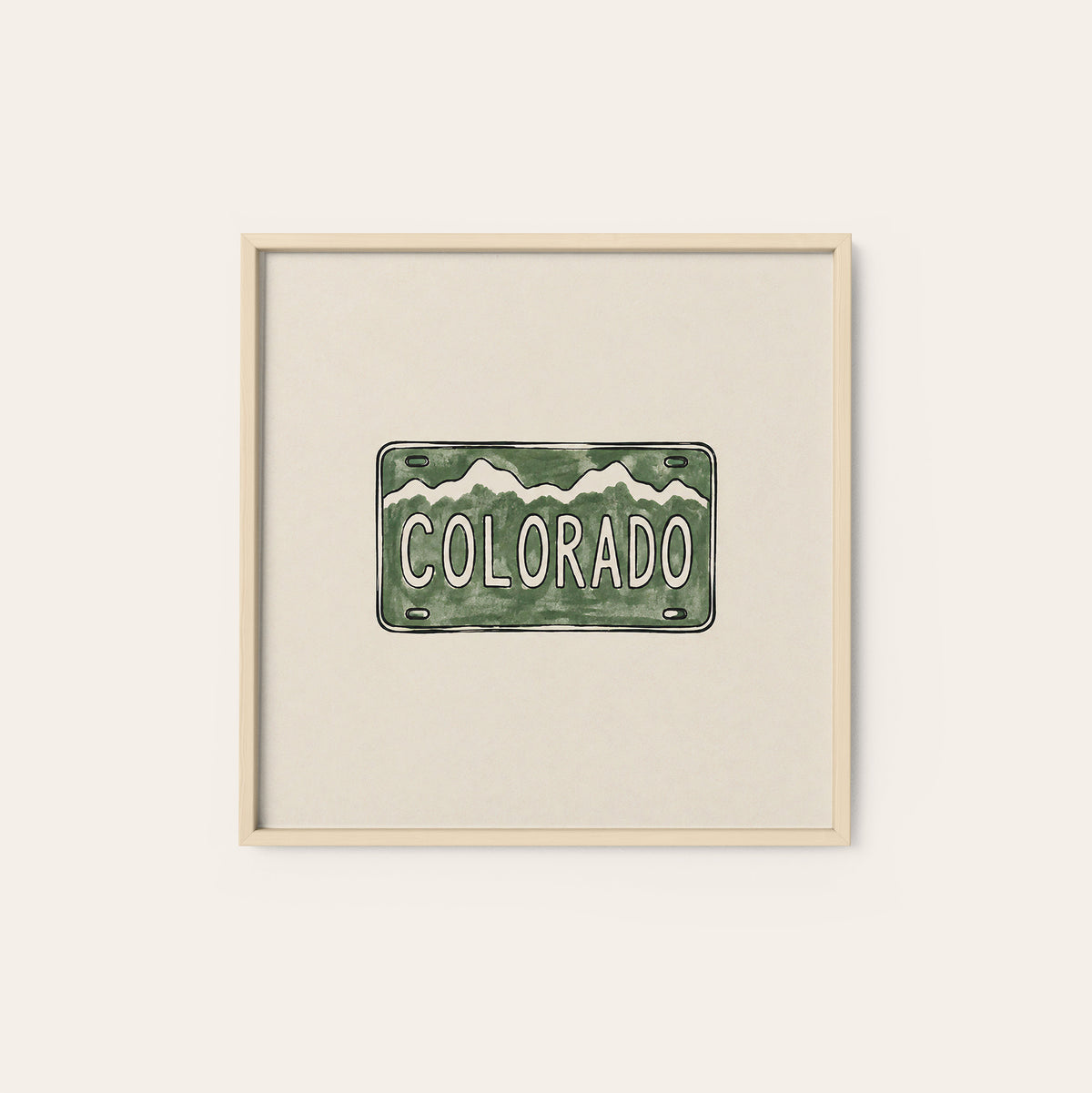 Colorado Mountain License Plate square art print — natural wood frame