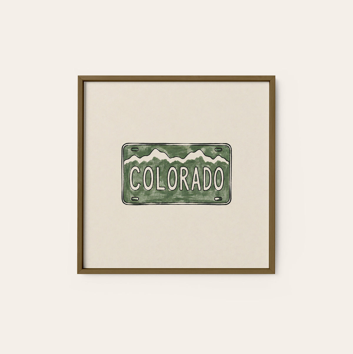 Colorado Mountain License Plate square art print — dark wood frame