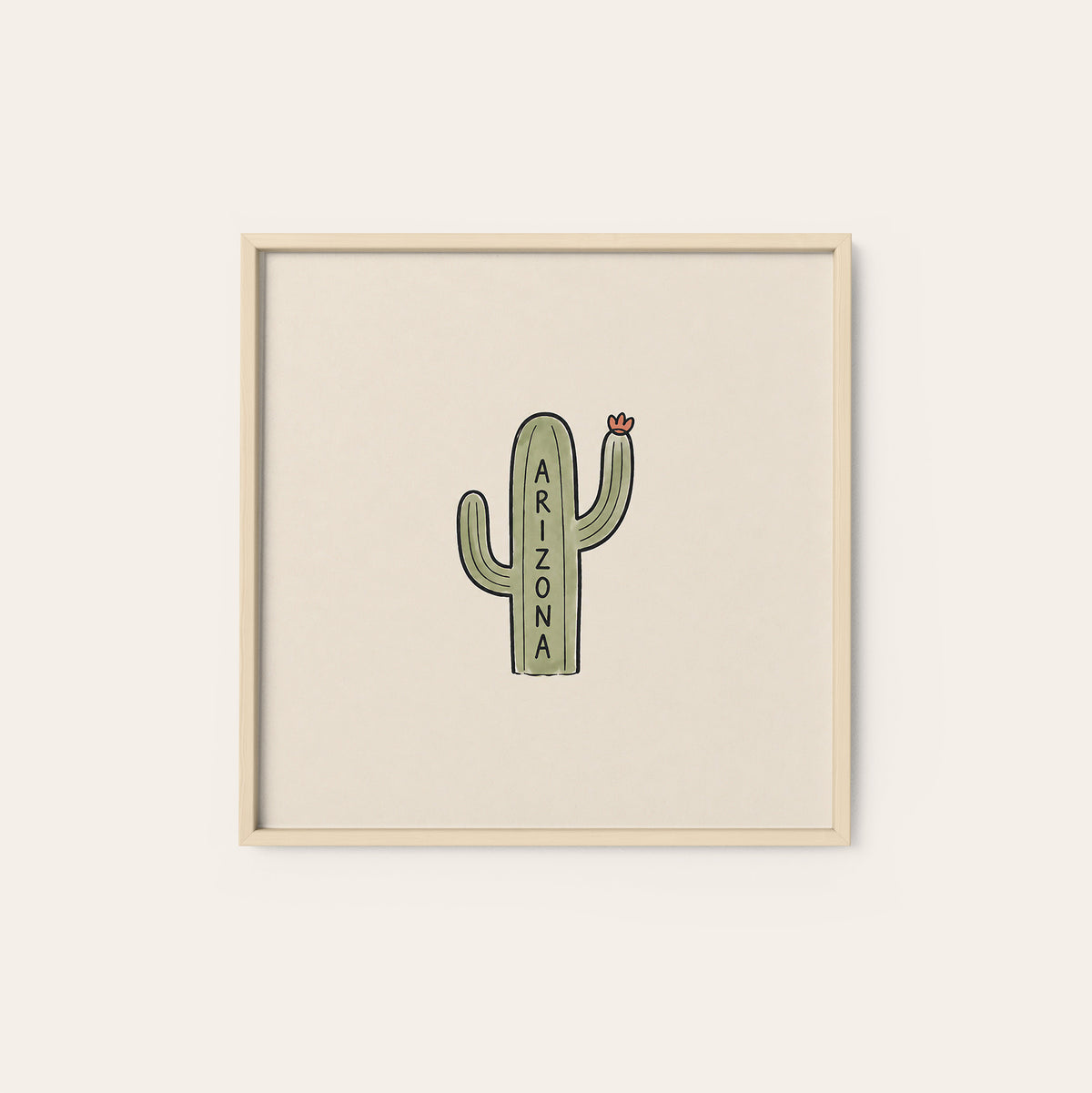 Arizona Saguaro Cactus square art print — natural wood frame