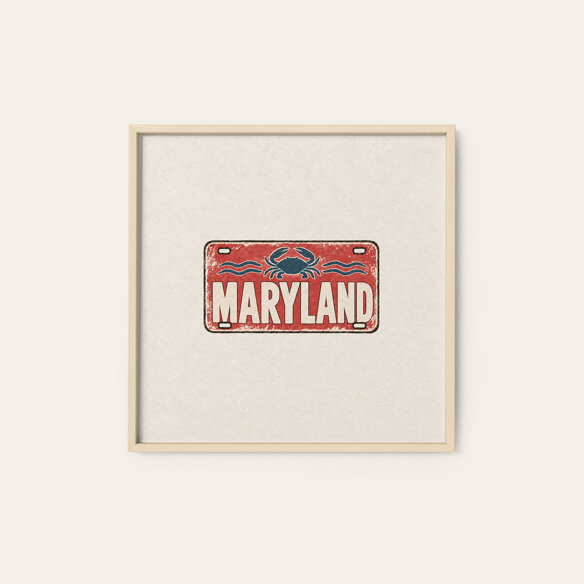 Maryland Crab License Plate square art print — natural wood frame