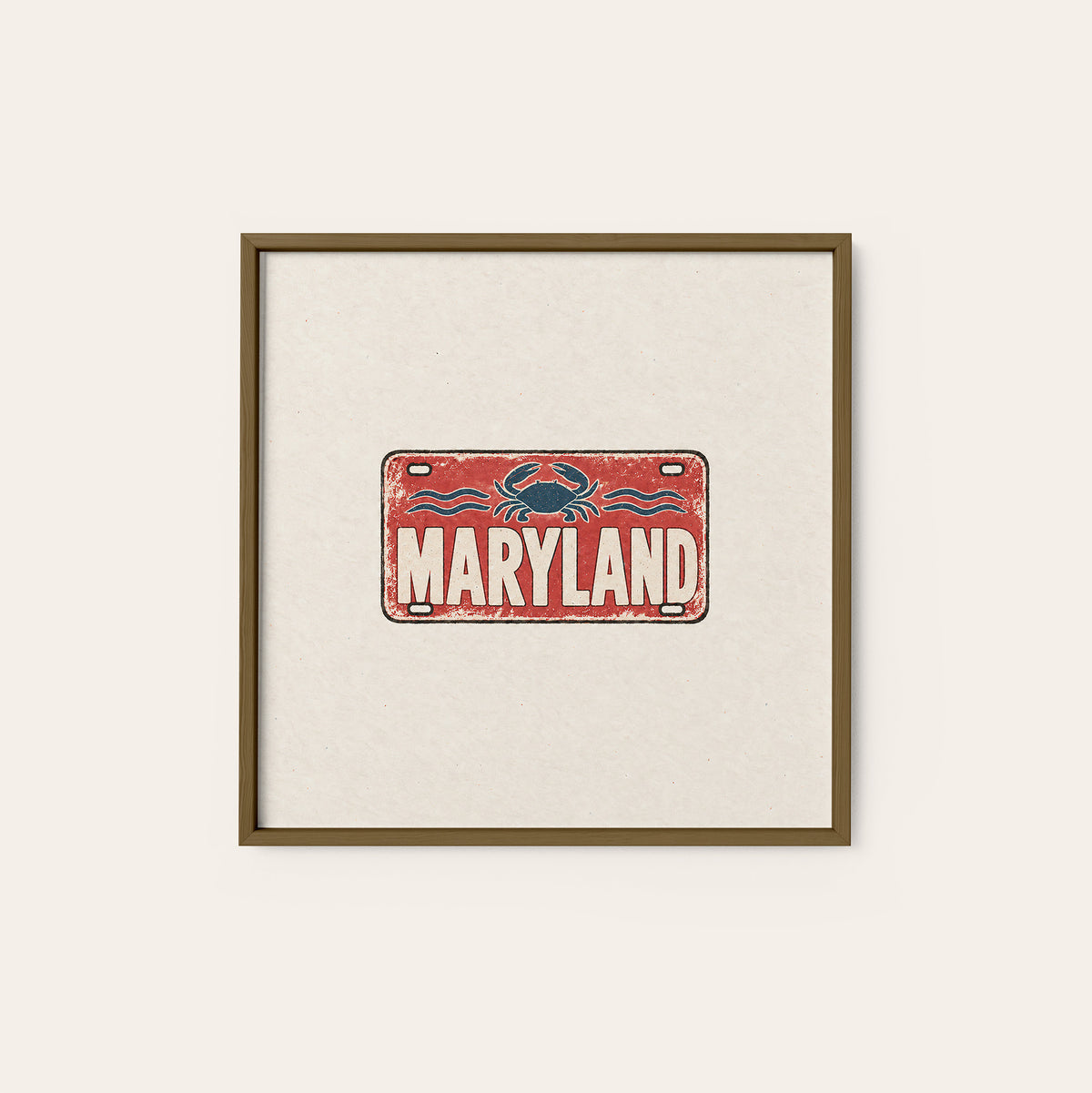 Maryland Crab License Plate square art print — dark wood frame