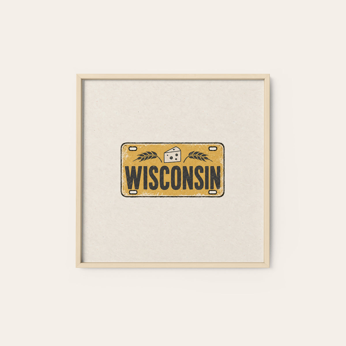 Wisconsin Cheese License Plate square art print — natural wood frame