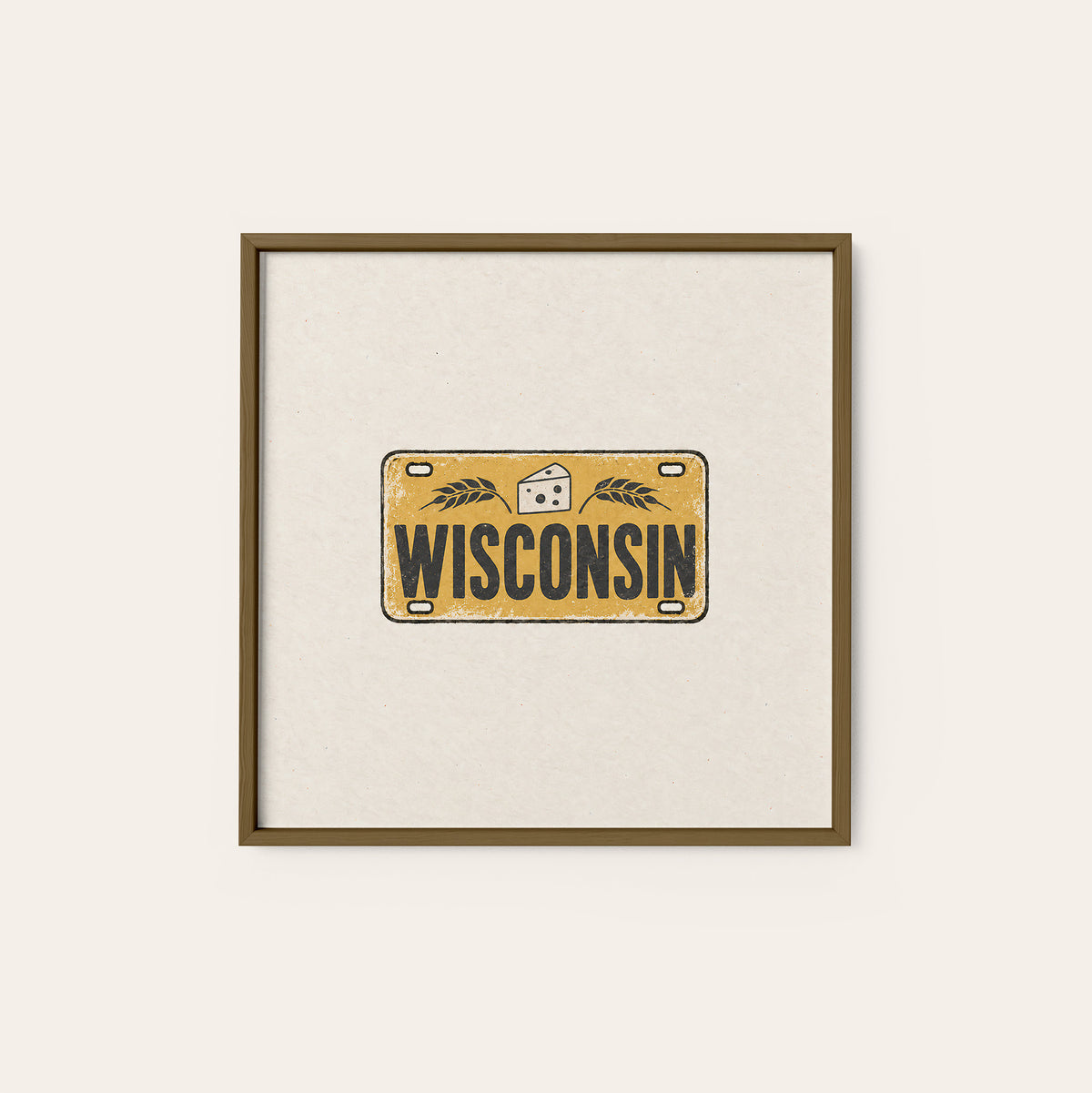Wisconsin Cheese License Plate square art print — dark wood frame