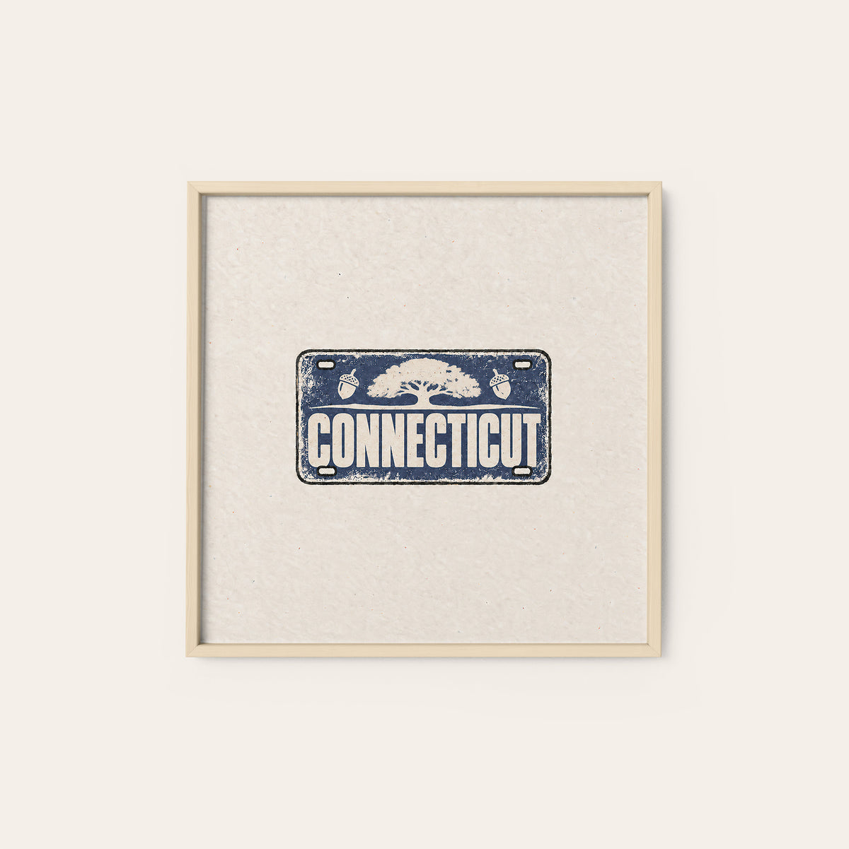 Connecticut Oak License Plate square art print — natural wood frame