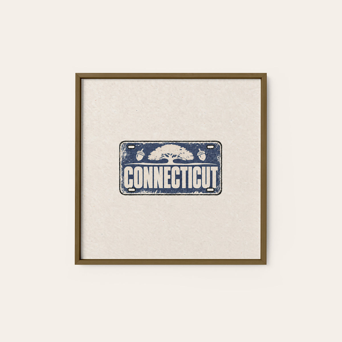 Connecticut Oak License Plate square art print — dark wood frame