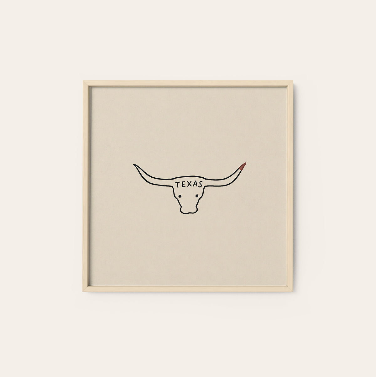 Texas Longhorn square art print — natural wood frame
