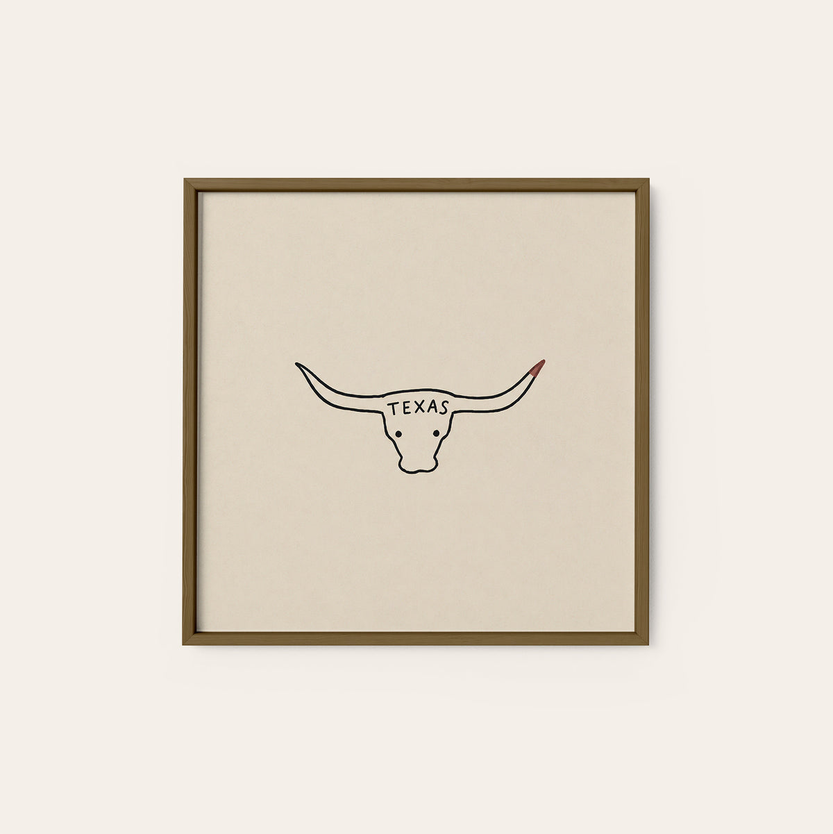 Texas Longhorn square art print — dark wood frame
