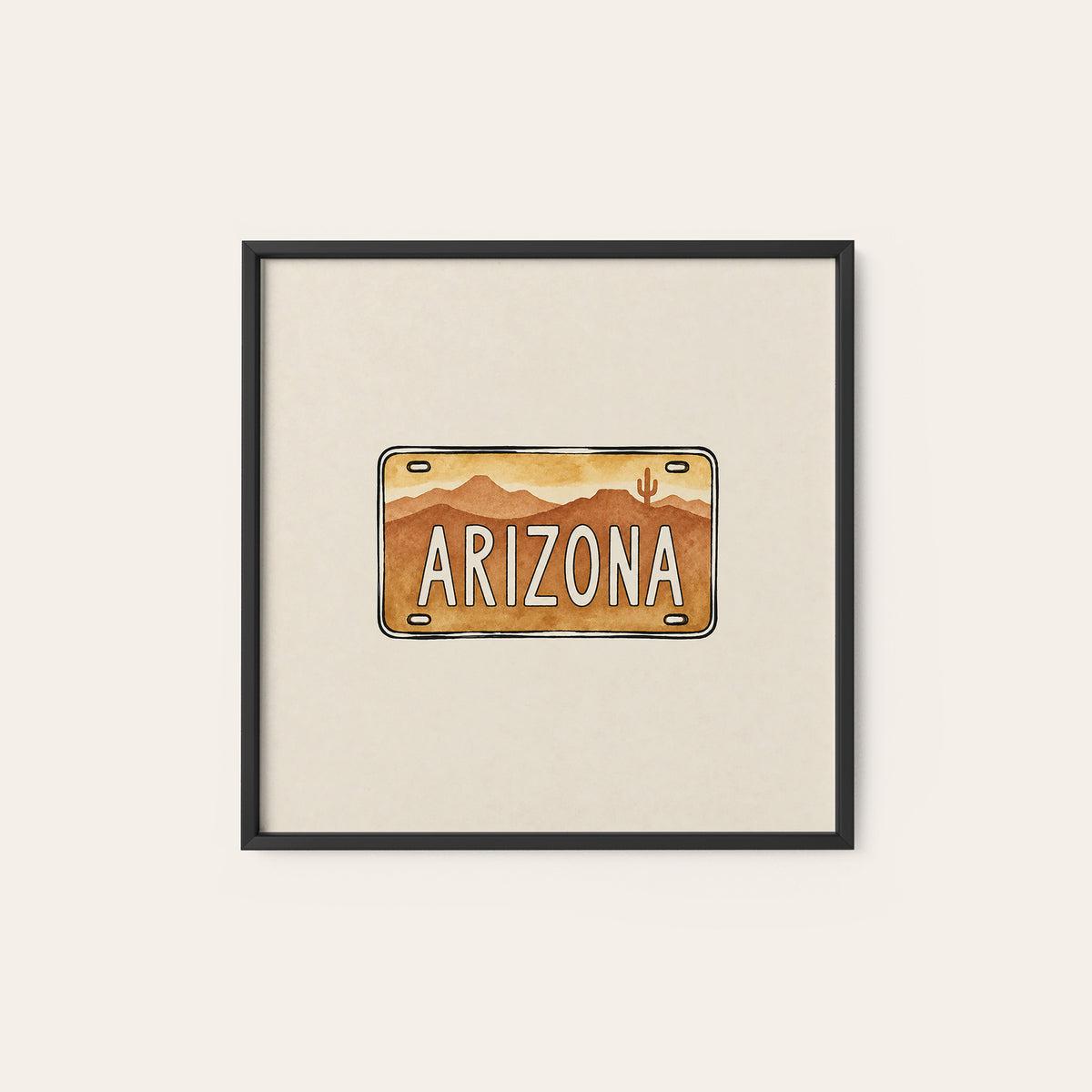 Arizona Desert License Plate square art print — black frame