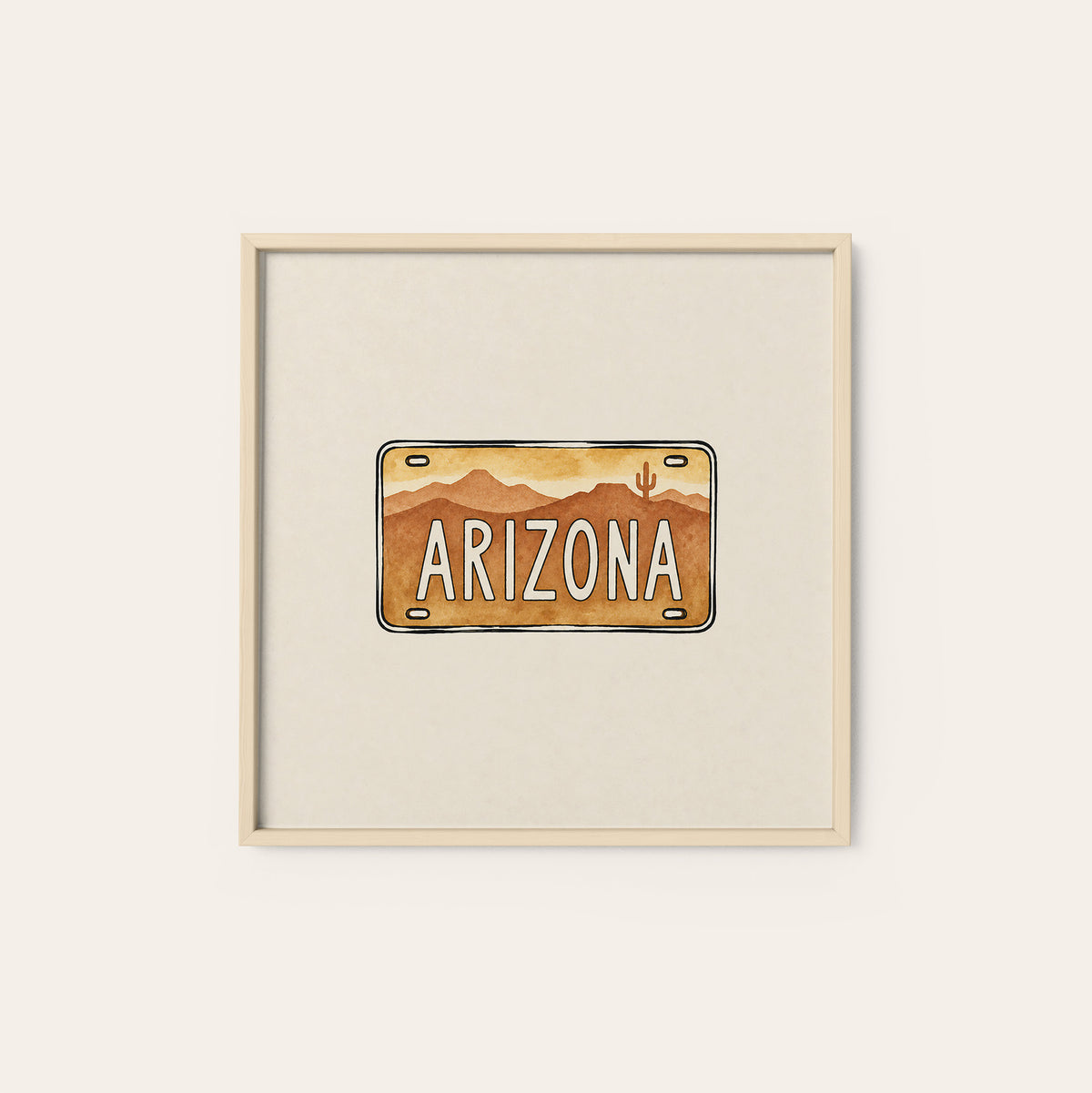 Arizona Desert License Plate square art print — natural wood frame