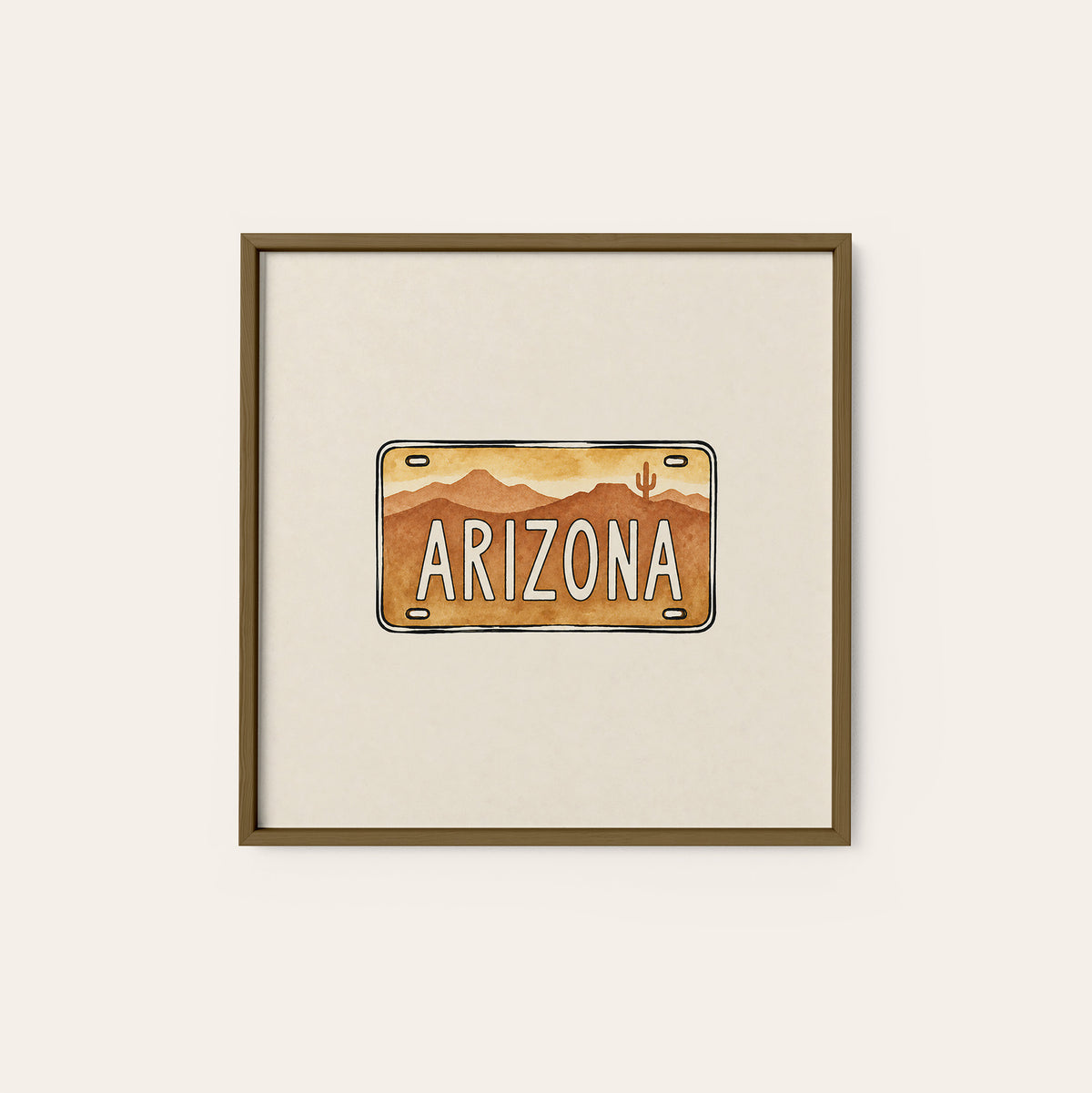 Arizona Desert License Plate square art print — dark wood frame
