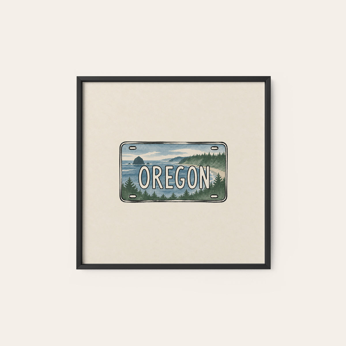 Oregon Landscape License Plate square art print — black frame